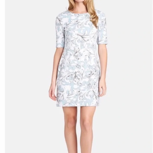 1 state dress blue and white Israel Turq Stamp Pattern on White Women's Long Sleeve Dance Dress  Olam  Tova